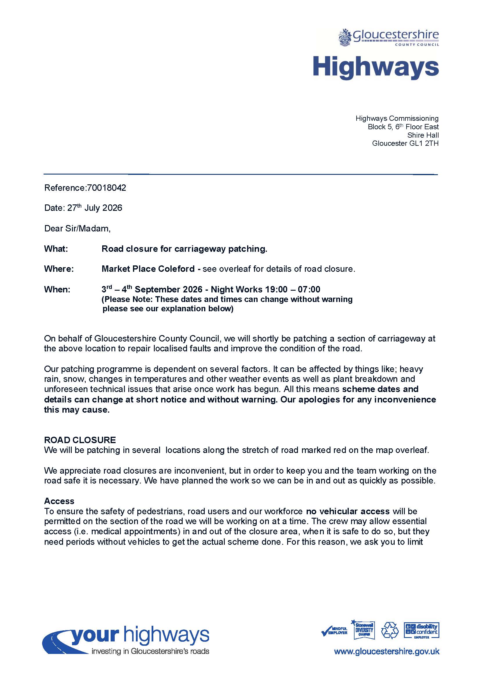 Night road works - carriageway patching to Market Place, Coleford - 3rd - 4th September 2026 19:00 - 7:00 (Page 1) www.gloucestershire.gov.uk